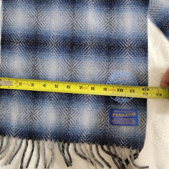 Pendleton 100% Pure Virgin Wool Scarf Blue Plaid Fringe Made in USA company logo - Picture 6 of 8